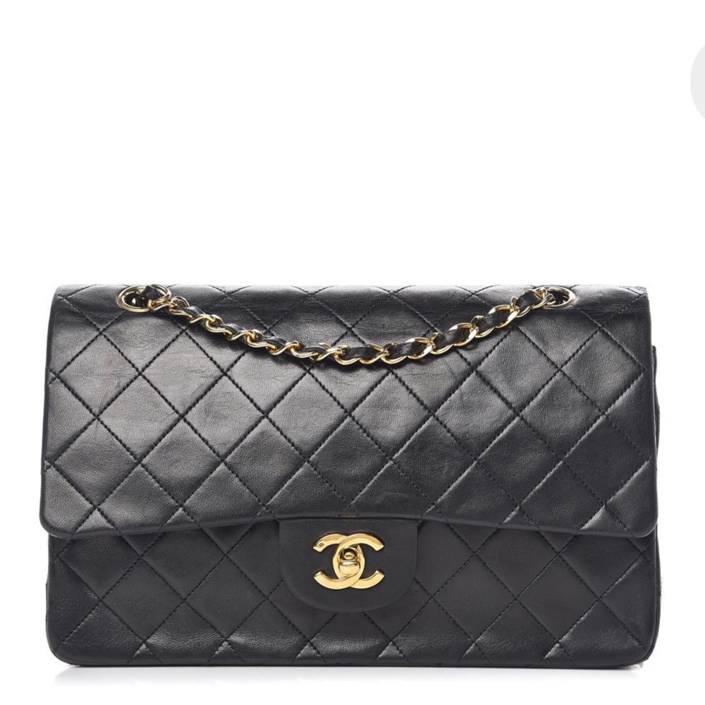Vintage Chanel Lambskin Quilted Medium Double Flap Bag Black with Gold Hardware